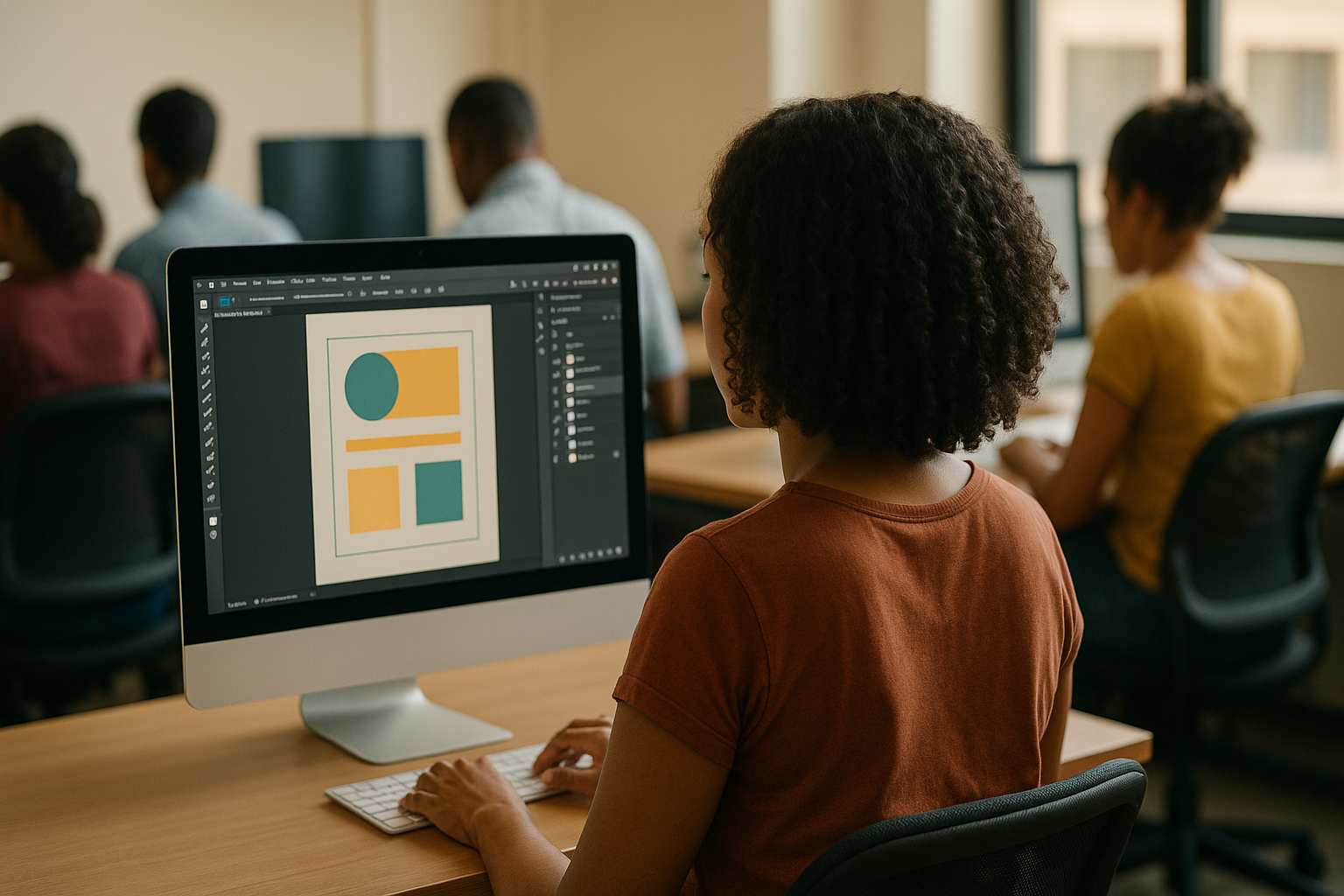 Formation graphisme en Guadeloupe – apprenants en création graphique sur Canva et Adobe