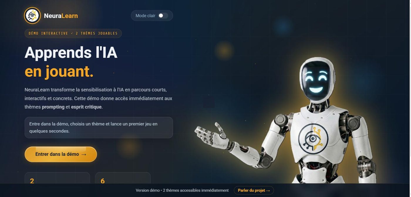Page d'accueil de NeuraLearn, la plateforme p&eacute;dagogique d'initiation &agrave; l'IA con&ccedil;ue par Mathieu Braconnier